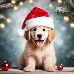 Happy golden retriever puppy wearing a santa hat christmas pet theme