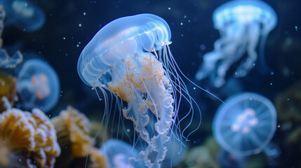 Illuminated jellyfish moving through the water. Isolated on dark background. a jellyfish with a purple body and blue tentacles is swimming in the water with a blue background and a blue sky. Common 