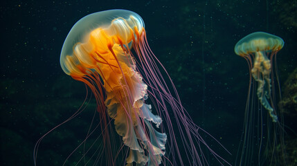 Illuminated jellyfish moving through the water. Isolated on dark background. a jellyfish with a purple body and blue tentacles is swimming in the water with a blue background and a blue sky. Common 