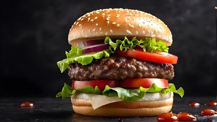 Beef burger with cheese, tomatoes, red onions, cucumber and lettuce on black dark background. Unhealthy food