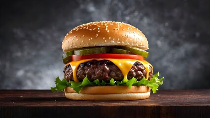Beef burger with cheese, tomatoes, red onions, cucumber and lettuce on black dark background. Unhealthy food