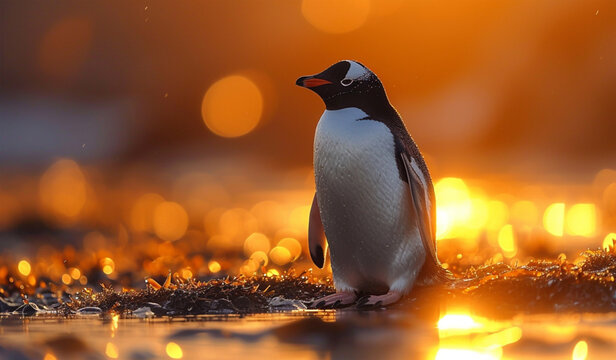 A penguin standing on the beach at sunset. Generative AI