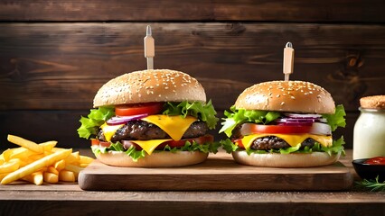 Beef burger with cheese, tomatoes, red onions, cucumber and lettuce on wooden background. Unhealthy food