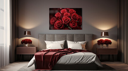 bedroom interior with poster, white bed and red bedsheet, Valentine day special. Created with Ai