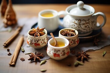 Obraz na płótnie Canvas ceramic teapot filling cups with spiced chai for two