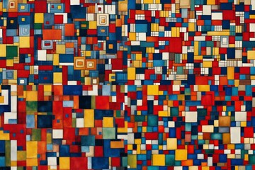 Fototapeta premium Playful and sophisticated, an abstract masterpiece unfolds with squares in a seamless pattern, bathed in the lively brilliance of primary colors.
