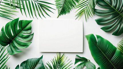 Fototapeta na wymiar Summer tropical leaves with blank paper