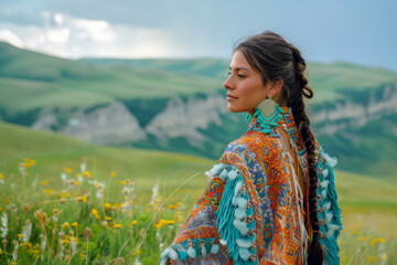 One indigenous woman in traditional clothes standing in green hill field landscape, native americans heritage.