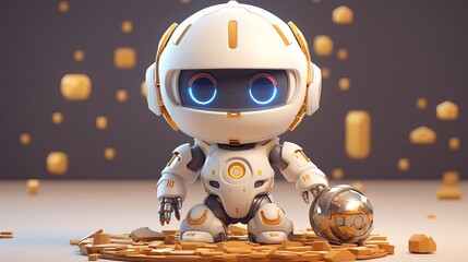 Close up of small sleek white 3d robot with golden additive - technology and future concept, banner