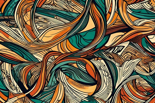 Flowing lines and shapes converge in a harmonious dance, creating a vivid and energetic abstract pattern in retro style.