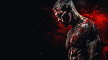 Intense Warrior: MMA Fighter Poised with Red War Paint - Sports Action