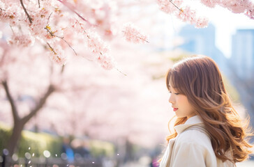春　桜の前で微笑む女性 - obrazy, fototapety, plakaty