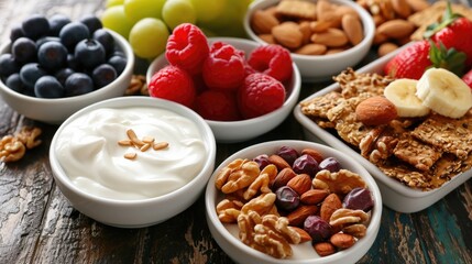 Fototapeta premium Yogurt and Healthy Snacking: fruit slices, nuts, grain crackers