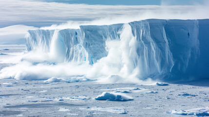 Iceberg crashing into the sea with a dynamic splash.