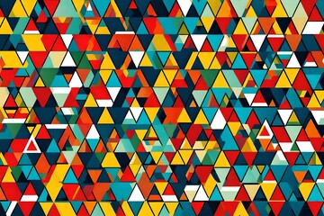 Triangles of geometric precision converge in a seamless pattern, creating an abstract illustration with a retro-style flair and vibrant primary color palette.