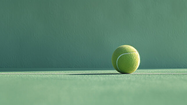 An illustration of a small, lone tennis ball in a muted lavender hue positioned at the end of a thin, pastel green line, suggesting a serve,