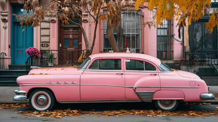 Classic Pink Car on Autumn Street with Colorful Townhouses - obrazy, fototapety, plakaty