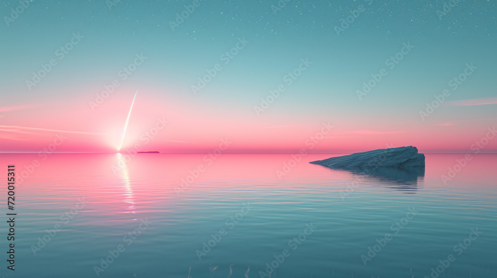 Poster A minimalist portrayal of a pastel-colored comet on a reflective surface, creating a dual-image effect,