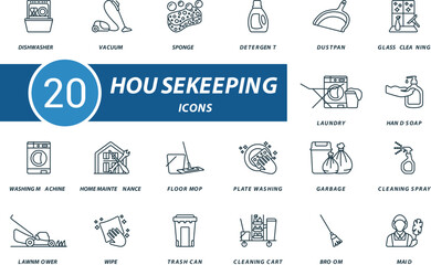 Housekeeping outline icons set. Creative icons: dishwasher, vacuum, sponge, detergent, dustpan, glass cleaning, laundry and more