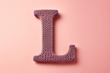 Crocheted letter L using olive green yarn, exuding a natural and earthy vibe, against a pastel pink background