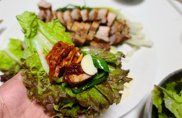 Lettuce wrap, meat and sauce wrapped in lettuce