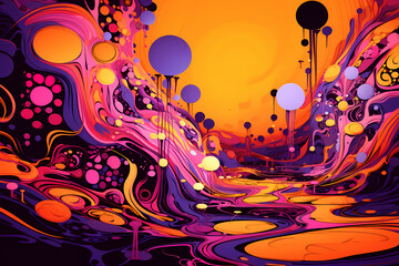 Obraz premium Vibrant colorful abstract painting, depicts a dynamic mix of swirling, splashing, and dripping liquids paints in various colors. Abstract scene.
