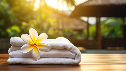 Obraz na płótnie Canvas Spa and wellness setting with frangipani flowers and towels. Spa and wellness massage setting. Still life with candle, towel and stones. Outdoor summer background. Copy space.