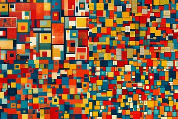 Fototapeta premium Radiant and lively, an abstract masterpiece showcases squares in a seamless pattern, capturing the essence of retro aesthetics with a vibrant primary color backdrop.