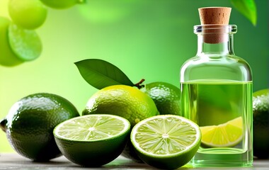 Bottles of lime essential oil surrounded with limes. Health and wellness concept. Face and body beauty concept. Spa and cosmetic concept. Place for text.	
