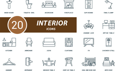 Interior outline icons set. Creative icons: washbasin, toilet bowl, bedroom, fireplace, cupboard, table lamp, chandelier and more