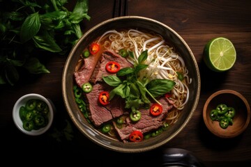 Vietnamese cuisuine - Beef Pho in bowl. Overhead view.