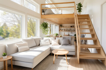 
Photo of a bright and airy tiny house living area, with a focus on natural light and simplicity