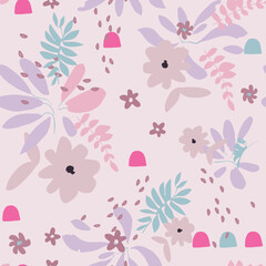 Abstract floral seamless pattern. Bright, pastel colors, gouache painting. Outline contour lines flowers. Scribble patterns
Curved lines and brush strokes.