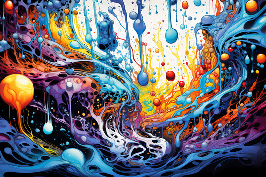 Vibrant colorful abstract painting, depicts a dynamic mix of swirling, splashing, and dripping liquids paints in various colors. Abstract scene.
