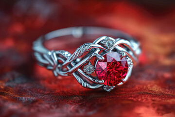 Macro close up red color gemstone. Luxury ring display with shining colourful stones and diamonds. High end luxury.