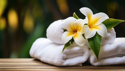 Fototapeta na wymiar Spa and wellness setting with frangipani flowers and towels. Spa and wellness massage setting. Still life with candle, towel and stones. Outdoor summer background. Copy space.