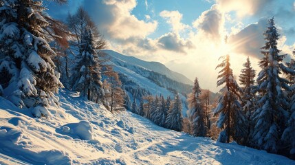 Winter wonderland scene, snow-covered forest