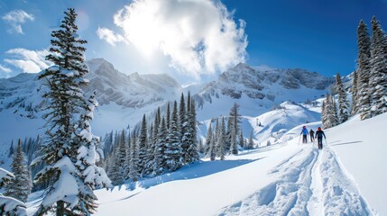 Fototapeta premium Winter wonderland scene with skiers gliding down snowy slope