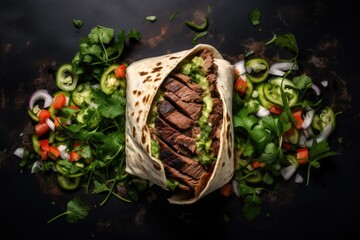 Mexican cuisine - Carne asada with tacos on countertop. Overhead view. - obrazy, fototapety, plakaty