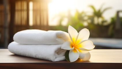 Fototapeta na wymiar Spa and wellness setting with frangipani flowers and towels. Spa and wellness massage setting. Still life with candle, towel and stones. Outdoor summer background. Copy space.