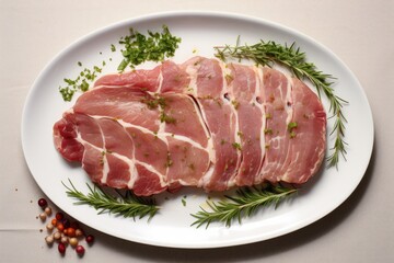Fototapeta premium uncooked Pork on white table top. Overhead view.