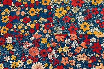 Whirling flowers come alive in a retro-style print, forming a seamless pattern that exudes creativity against a backdrop of trendy primary colors.