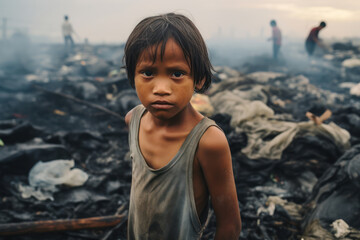 
Photograph of a young Filipino child, around 6 years old, playing among the debris and waste in a Manila landfill, with a hopeful expression