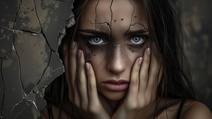 Artistic portrait of a woman with a cracked earth effect.