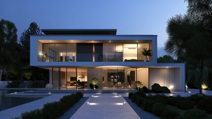 front of a large modern house at night - obrazy, fototapety, plakaty
