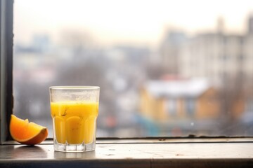 frosty glass of mango juice on windowsill, cityscape in the background