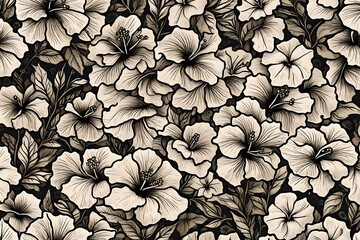 A mesmerizing display of hand-drawn hibiscus flowers forming a seamless pattern, inviting you into a world of vintage botanical artistry.