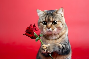 cute realistic Scottish fold cat looking innocent with red rose, theme love me love my cat, for valentine day 