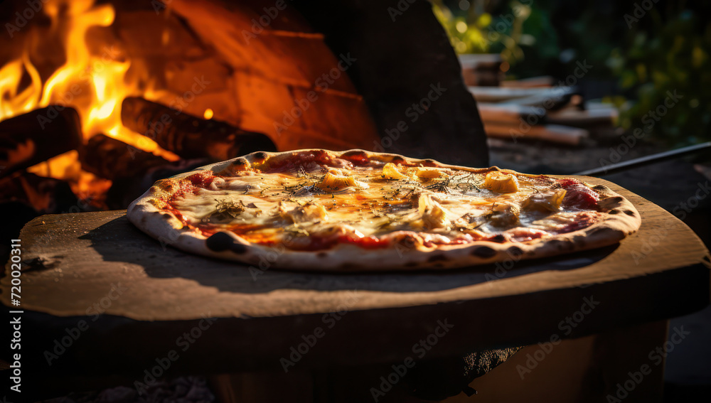 Wall mural brick oven fire: traditional italian pizza, hot and delicious, cooked with wood flame, mozzarella ch