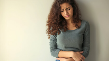 Worried young woman holding her stomach. - obrazy, fototapety, plakaty